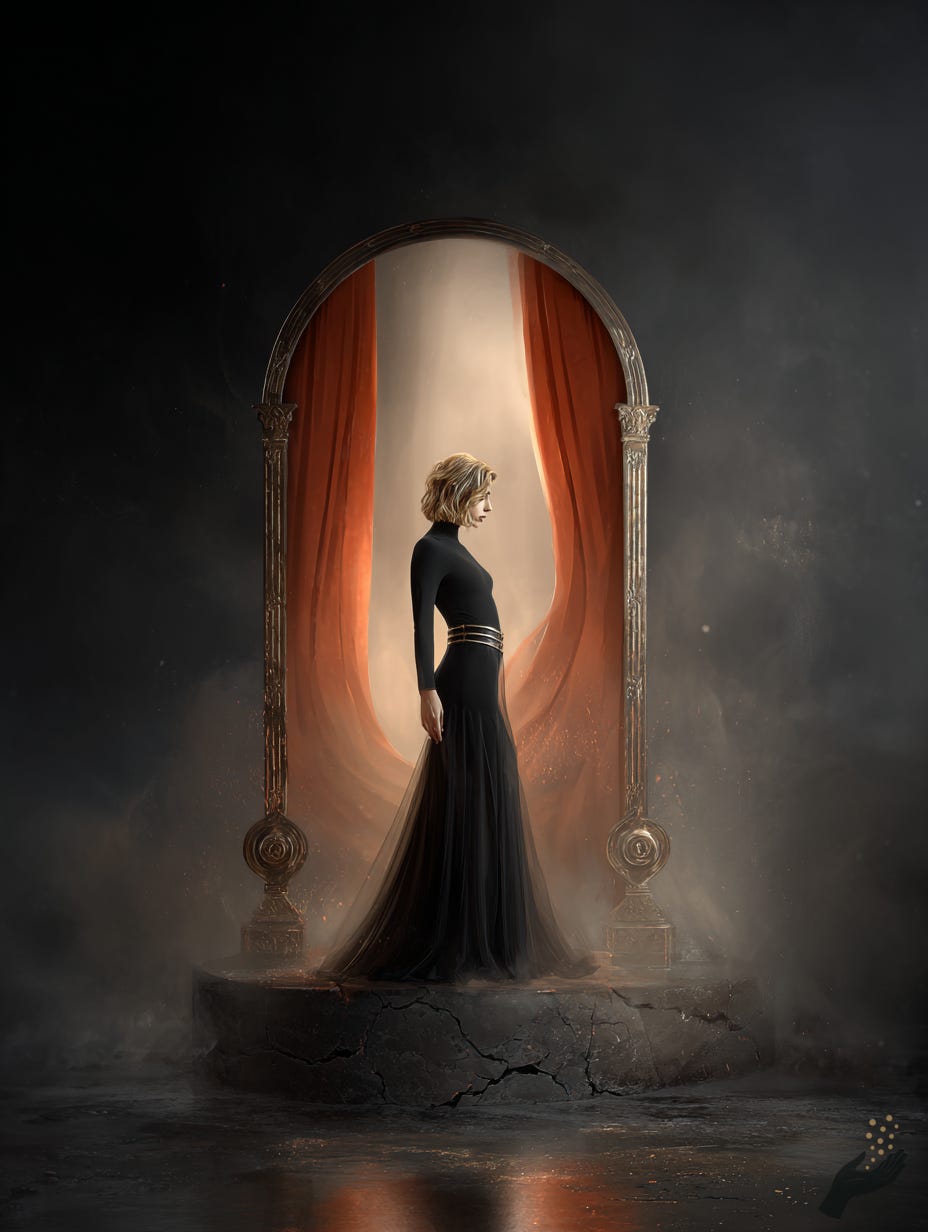 Surreal gothic artwork of a woman in a dark dress standing in a glowing red oval doorway inside a dim room.