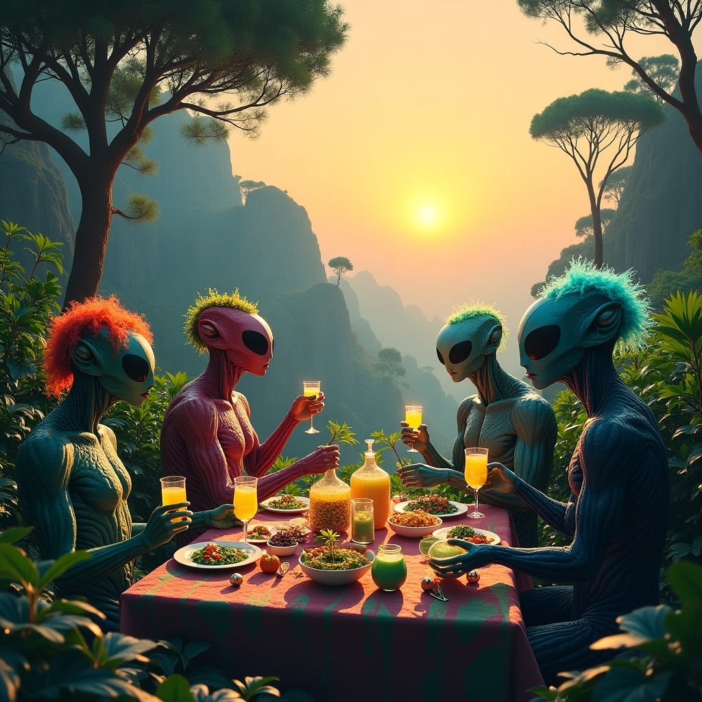 A group of aliens on the planet Algeon, having a picnic with algae-based food and drinks.