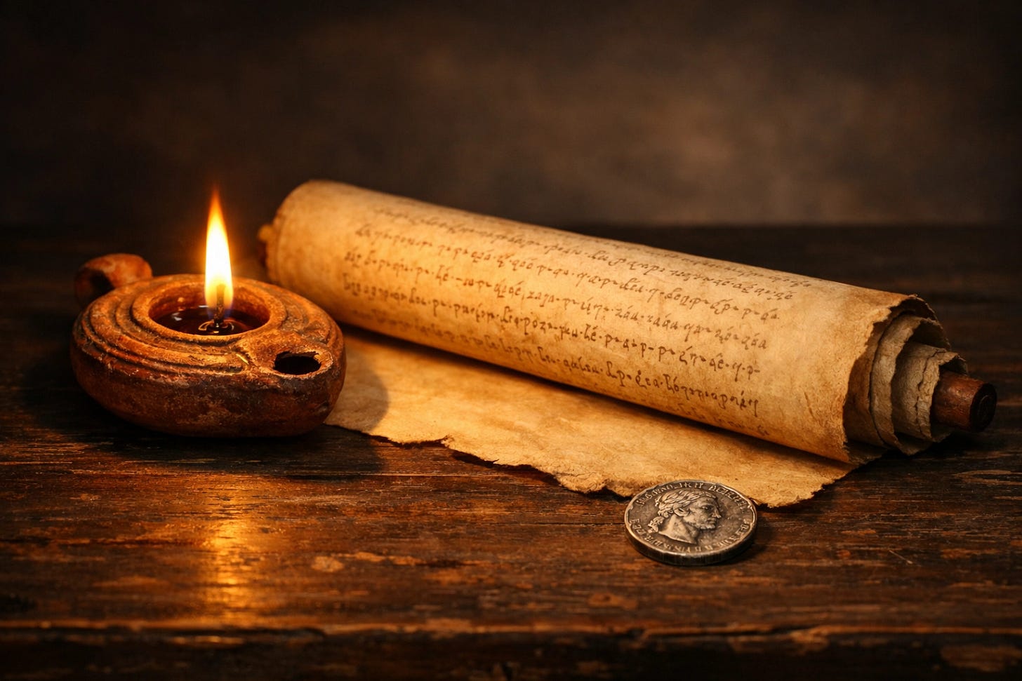 First-century Roman coin and Greek scroll representing the evidentiary nature of New Testament history. First-century Roman coin and Greek scroll representing the evidentiary nature of New Testament history.