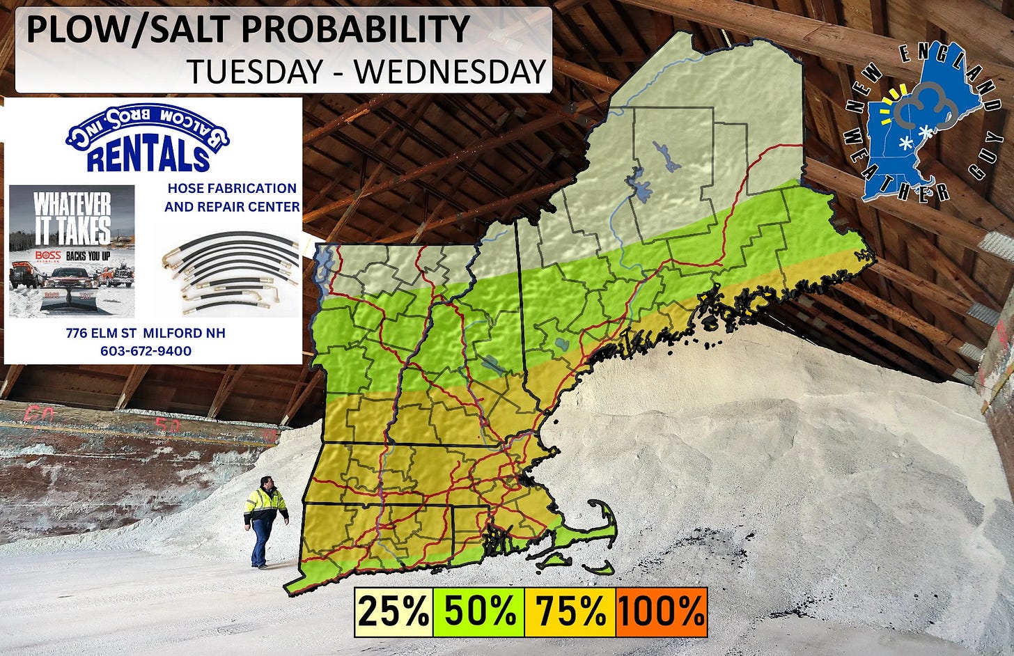 May be an image of ‎map, lumberyard and ‎text that says '‎PLOW/SALT PLOW SALT PROBABILITY TUESDAY- WEDNESDAY ONI BORD พอวามค RENTALS HOSEFABRICATION HOSE FABRICATION WHATEVER AND REPAIR CENTER سشیا BeSS BACES Co 6S 776ELMSTMILFORDNH 776 ELM ST MILFORD NH 603-672-9400 25% 25%50%75%100% 25%50° 50% 75% 100%‎'‎‎