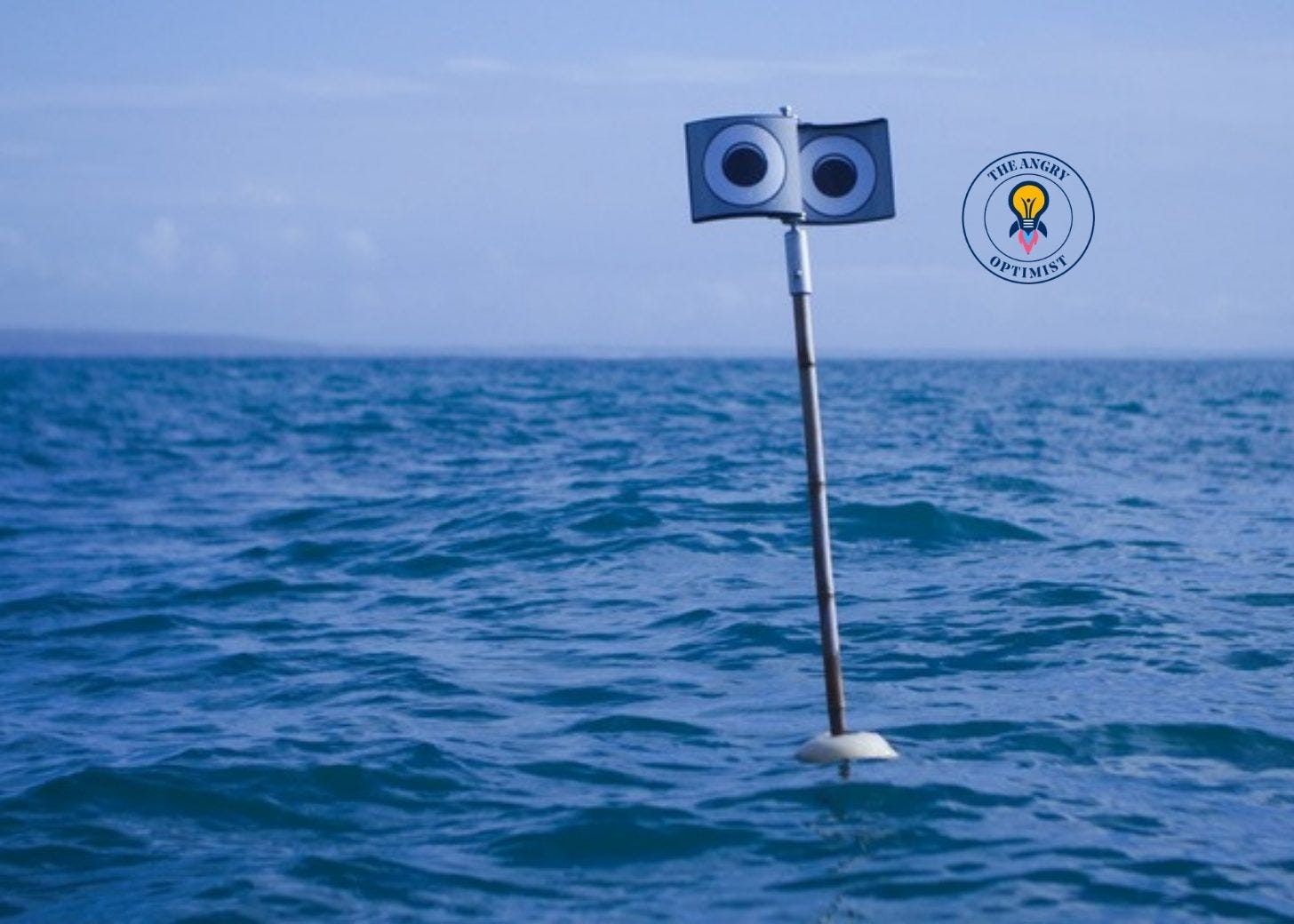A buoy at sea with a spinning top that has large eyes on its sides A buoy at sea with a spinning top that has large eyes on its sides