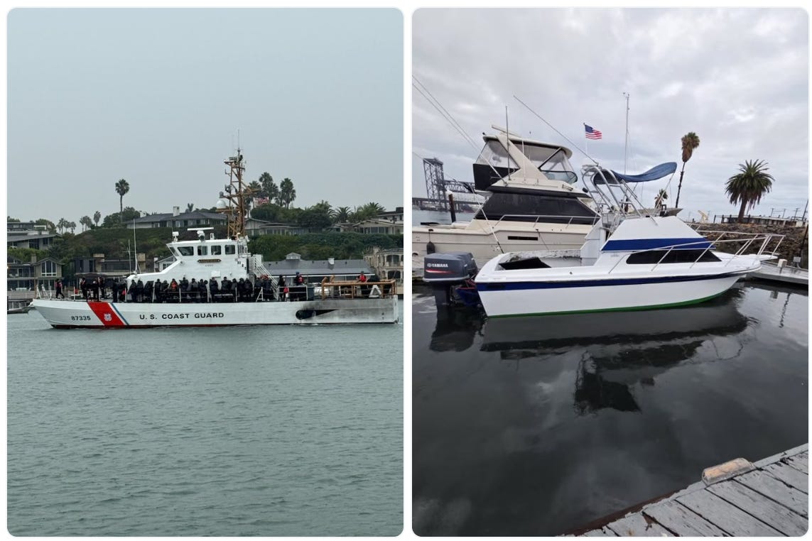 The crew of the Coast Guard Cutter Narwhal (left) lintercepted a 28-foot cuddy cabin cruiser (right) with 51 migrants aboard on Sept 5, 2026 south of Santa Barbara Island (US Coast Guard photos) The crew of the Coast Guard Cutter Narwhal (left) lintercepted a 28-foot cuddy cabin cruiser (right) with 51 migrants aboard on Sept 5, 2026 south of Santa Barbara Island (US Coast Guard photos)