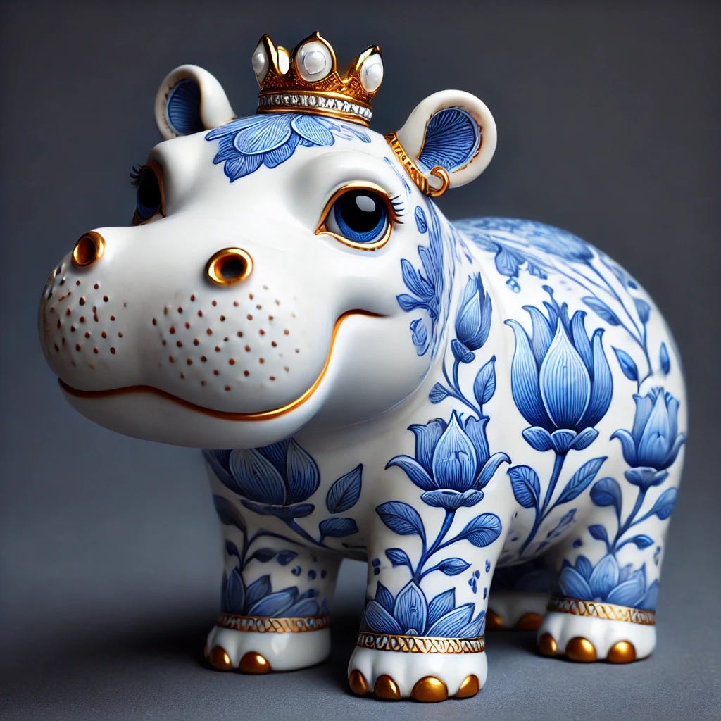 A porcelain-style hippo figurine with a glossy white surface, adorned with intricate blue floral patterns reminiscent of Delftware. The hippo has gold accents on its ears, eyes, and hooves, and wears a small gold crown with pearls on its head.