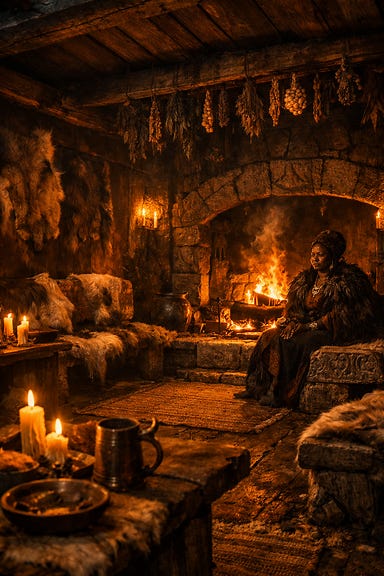 Interior of the Soldav longhouse, warm firelit hall with carved stone benches, woven mats, animal pelts on walls, herbs hanging from rafters, Chief Diegia seated near the hearth, Barovian Gothic atmosphere