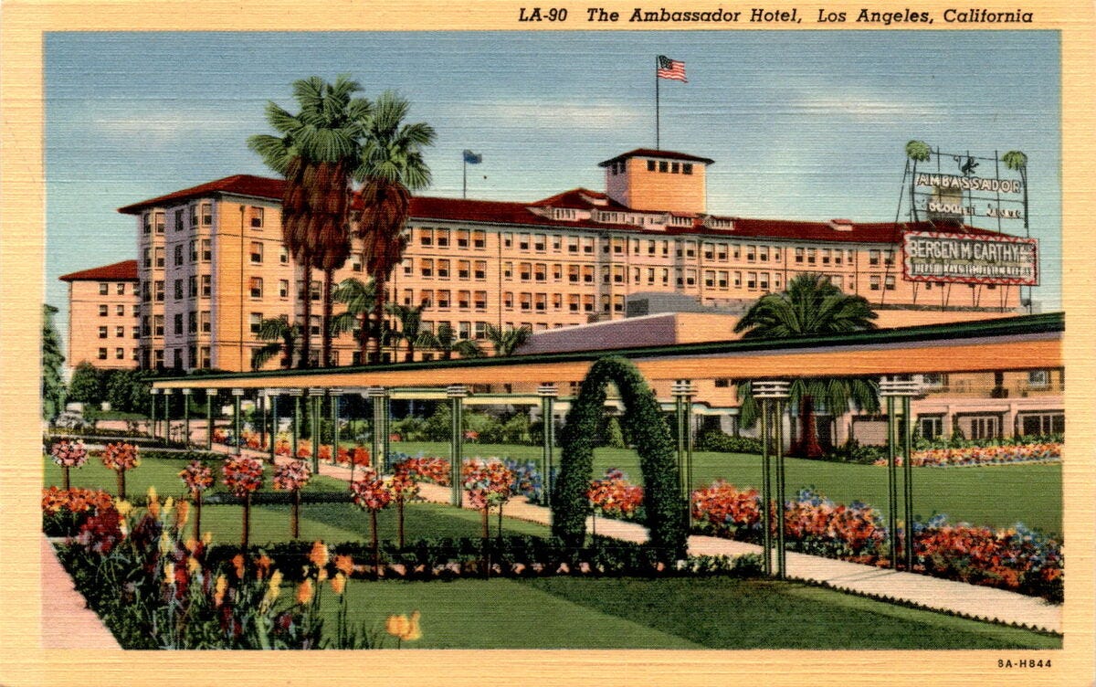 Ambassador Hotel, Los Angeles, California, 3400 Wilshire Boulevard, Postcard