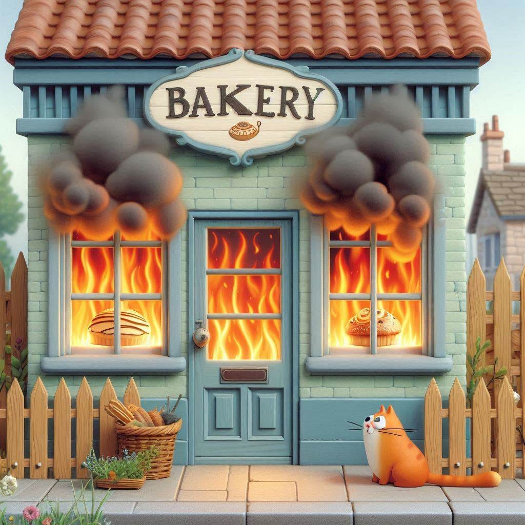 a bakery on fire. No firefighters or people.