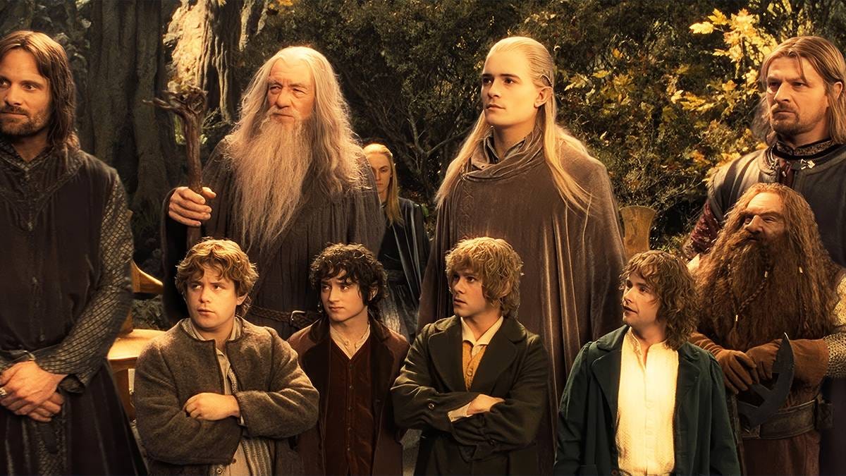 Aragorn, Gandalf, Legolas, Boromir, Samwise, Frodo, Gimli, Merry, and Pippin forming The Fellowship in The Lord of the Rings: The Fellowship of the Ring Aragorn, Gandalf, Legolas, Boromir, Samwise, Frodo, Gimli, Merry, and Pippin forming The Fellowship in The Lord of the Rings: The Fellowship of the Ring
