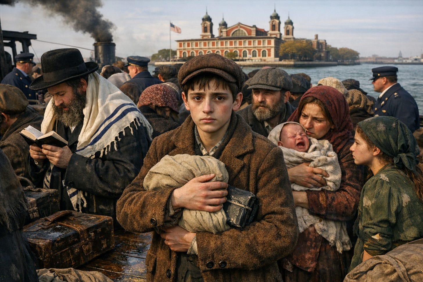 Image Prompt: Hyperrealistic color photograph in 16x9 landscape format, crowded observer perspective on flat ferry barge deck approaching Ellis Island, 16yearold Polish boy in center of densely packed crowd, wearing brown wool jacket and brown cloth cap, short dark hair visible at edges, pale gaunt face with worried expression and brown eyes, clutching beige cloth bundle and small black prayer book wrapped in dark gray oilcloth visible at jacket opening, surrounded by immigrant families pressed shoulder to shoulder Orthodox Jewish man in black coat with white prayer shawl with blue stripes and black hat davening, woman in faded burgundy headscarf holding crying infant in stained white blanket, bearded man in gray cap, teenage girl in patched green dress, battered brown and black trunks and canvas bags at feet, wooden barge deck wet and slick with oil showing rainbow sheen, uniformed officials in navy blue coats with shiny brass buttons and peaked caps visible in background, Ellis Island main building with red brick facade and ornate creamcolored limestone towers visible across graygreen harbor water, black coal smoke from barge engine, morning light creating long shadows, natural color palette of browns, blues, grays, greens, reds, sense of crushing crowding and nervous anticipation, photorealistic textures of wet wood, worn wool, weathered leather, oilcloth sheen.png Image Prompt: Hyperrealistic color photograph in 16x9 landscape format, crowded observer perspective on flat ferry barge deck approaching Ellis Island, 16yearold Polish boy in center of densely packed crowd, wearing brown wool jacket and brown cloth cap, short dark hair visible at edges, pale gaunt face with worried expression and brown eyes, clutching beige cloth bundle and small black prayer book wrapped in dark gray oilcloth visible at jacket opening, surrounded by immigrant families pressed shoulder to shoulder Orthodox Jewish man in black coat with white prayer shawl with blue stripes and black hat davening, woman in faded burgundy headscarf holding crying infant in stained white blanket, bearded man in gray cap, teenage girl in patched green dress, battered brown and black trunks and canvas bags at feet, wooden barge deck wet and slick with oil showing rainbow sheen, uniformed officials in navy blue coats with shiny brass buttons and peaked caps visible in background, Ellis Island main building with red brick facade and ornate creamcolored limestone towers visible across graygreen harbor water, black coal smoke from barge engine, morning light creating long shadows, natural color palette of browns, blues, grays, greens, reds, sense of crushing crowding and nervous anticipation, photorealistic textures of wet wood, worn wool, weathered leather, oilcloth sheen.png