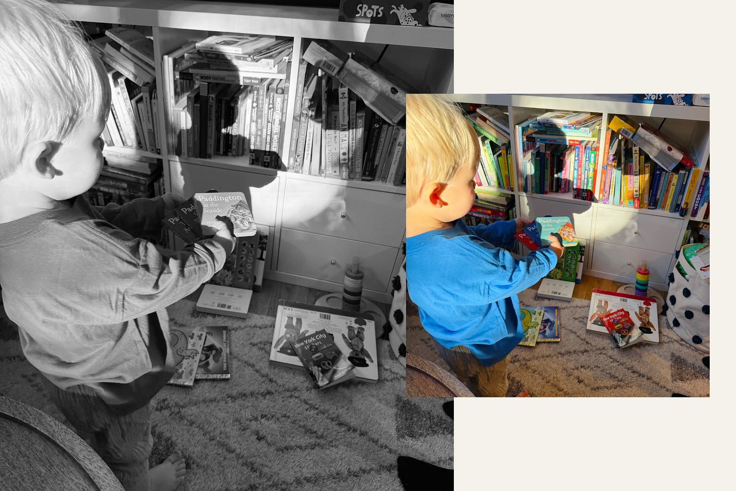 The same frame twice, color and black and white, a bright patch of light landing around a boy’s head The same frame twice, color and black and white, a bright patch of light landing around a boy’s head