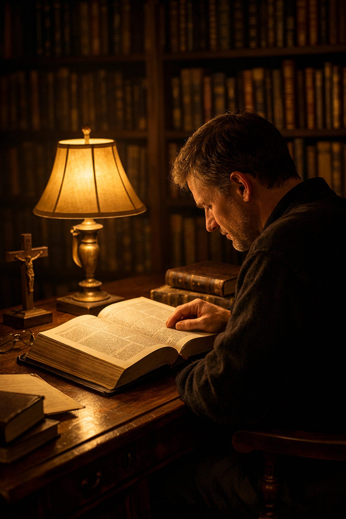 Moral reflection in a library by lamplight, showing the formation of conscience through theological study | Dr. Marcus Peter Moral reflection in a library by lamplight, showing the formation of conscience through theological study | Dr. Marcus Peter