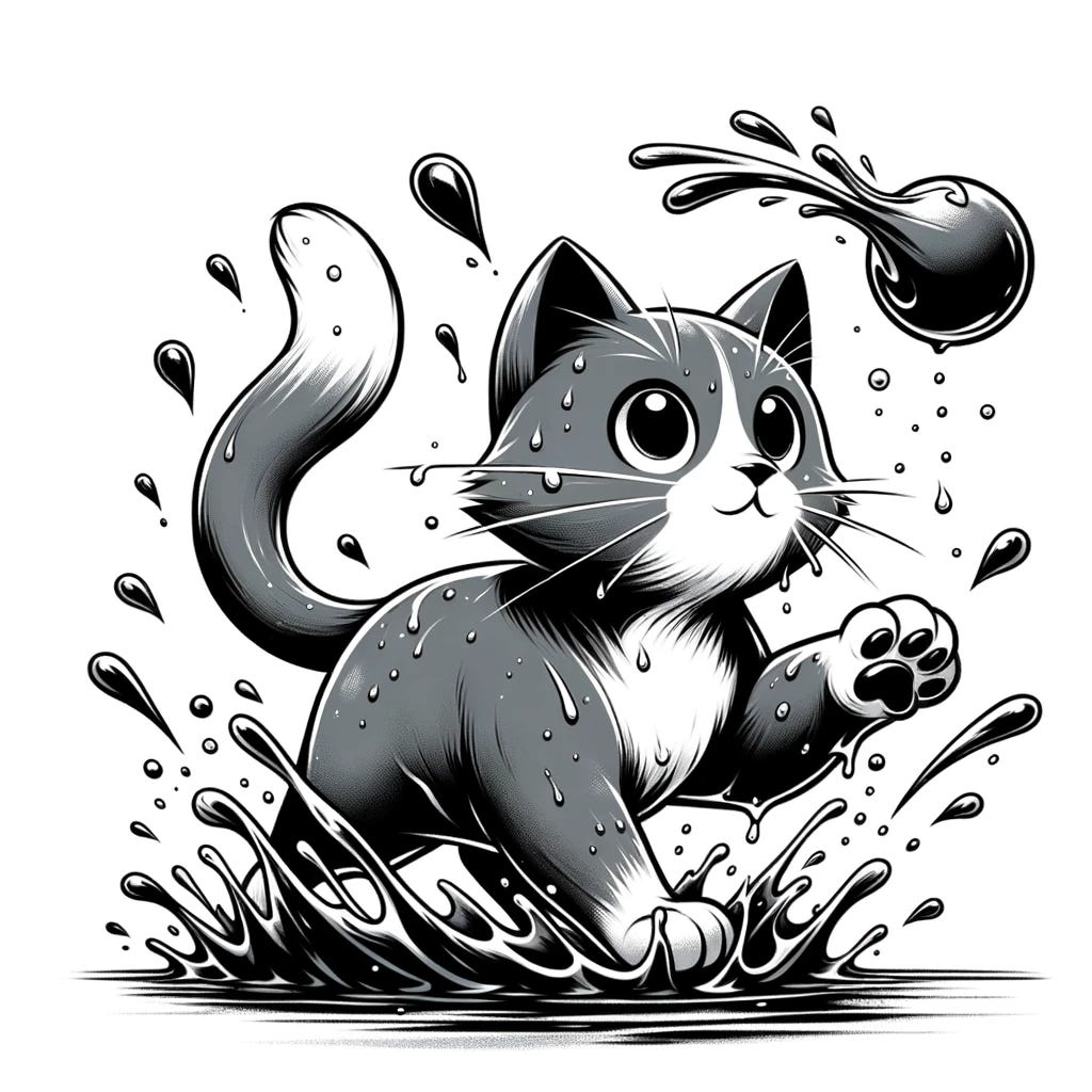 Illustration of a nimble cat dodging a splash of water, with droplets flying everywhere in a monochrome setting.