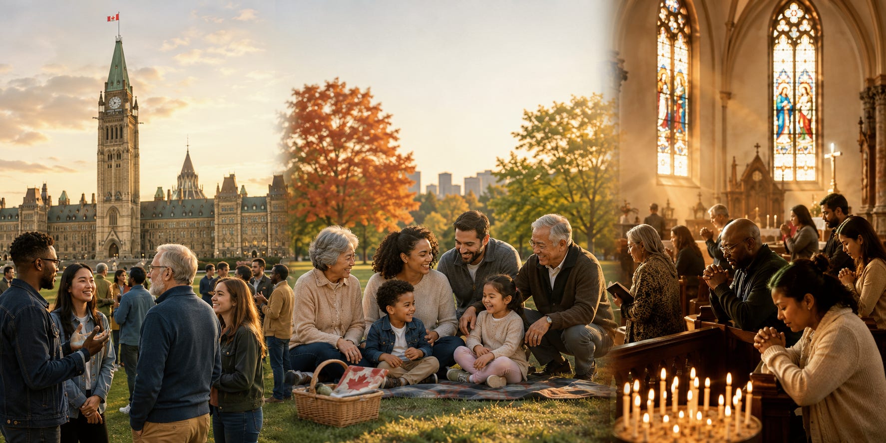 Three-panel image depicting freedom of speech, family life, and worship through scenes of Parliament, family, and prayer. Three-panel image depicting freedom of speech, family life, and worship through scenes of Parliament, family, and prayer.
