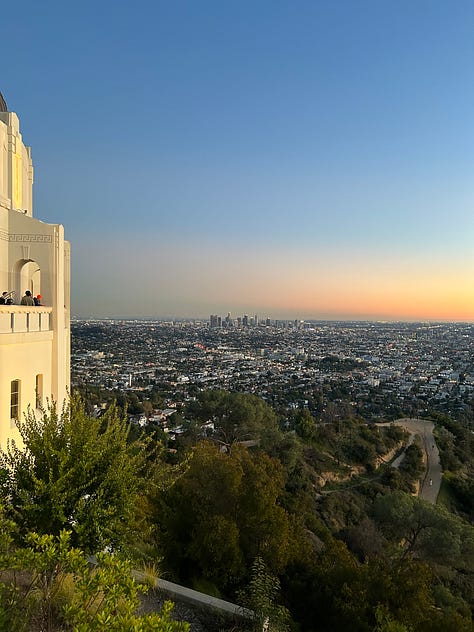 the sun setting over the Griffith Observatory with various views of DTLA and the Hollywood sign, and the inside of the dome in the museum
