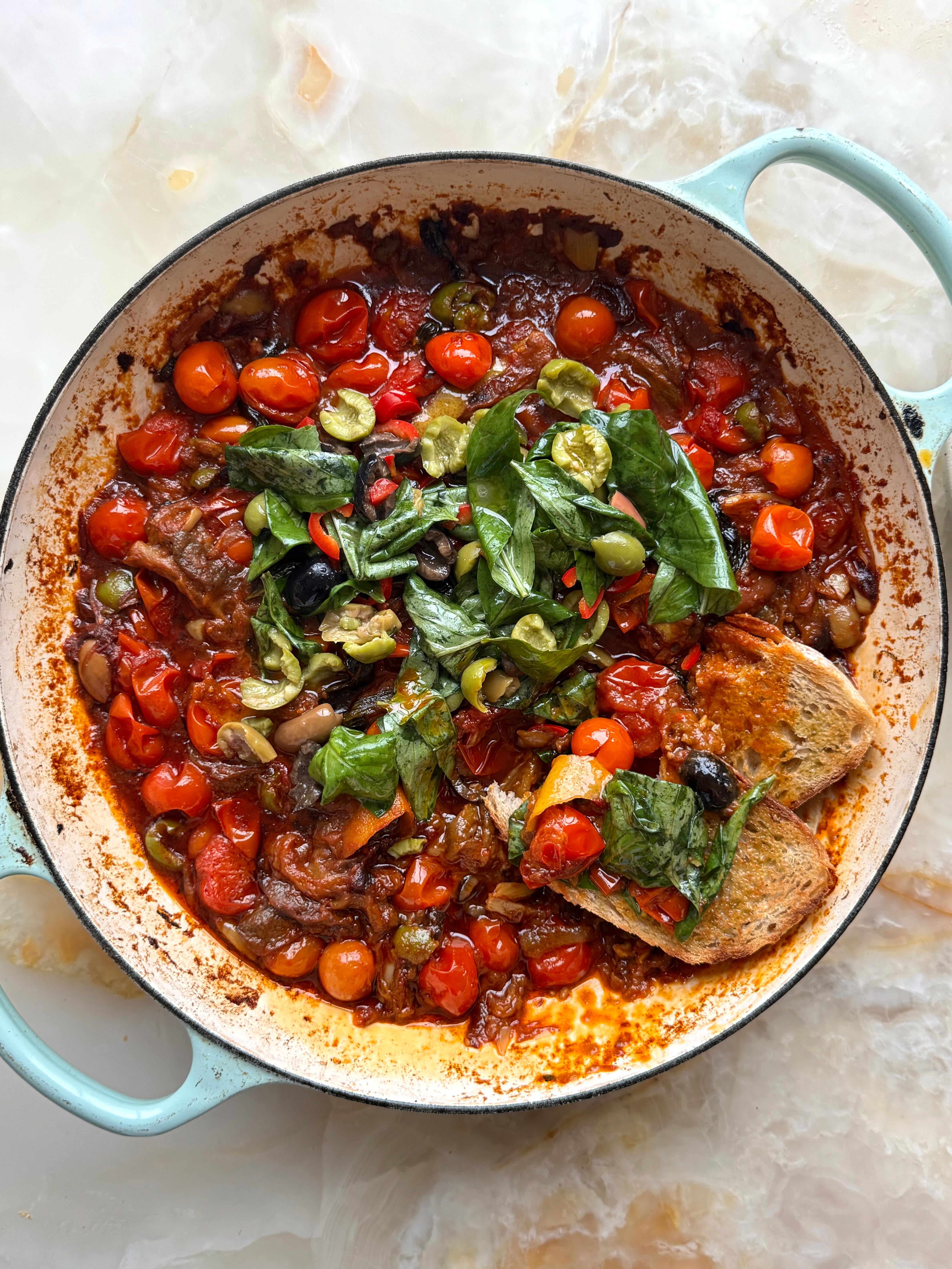 Super-soft courgettes and smoky aubergines with olives