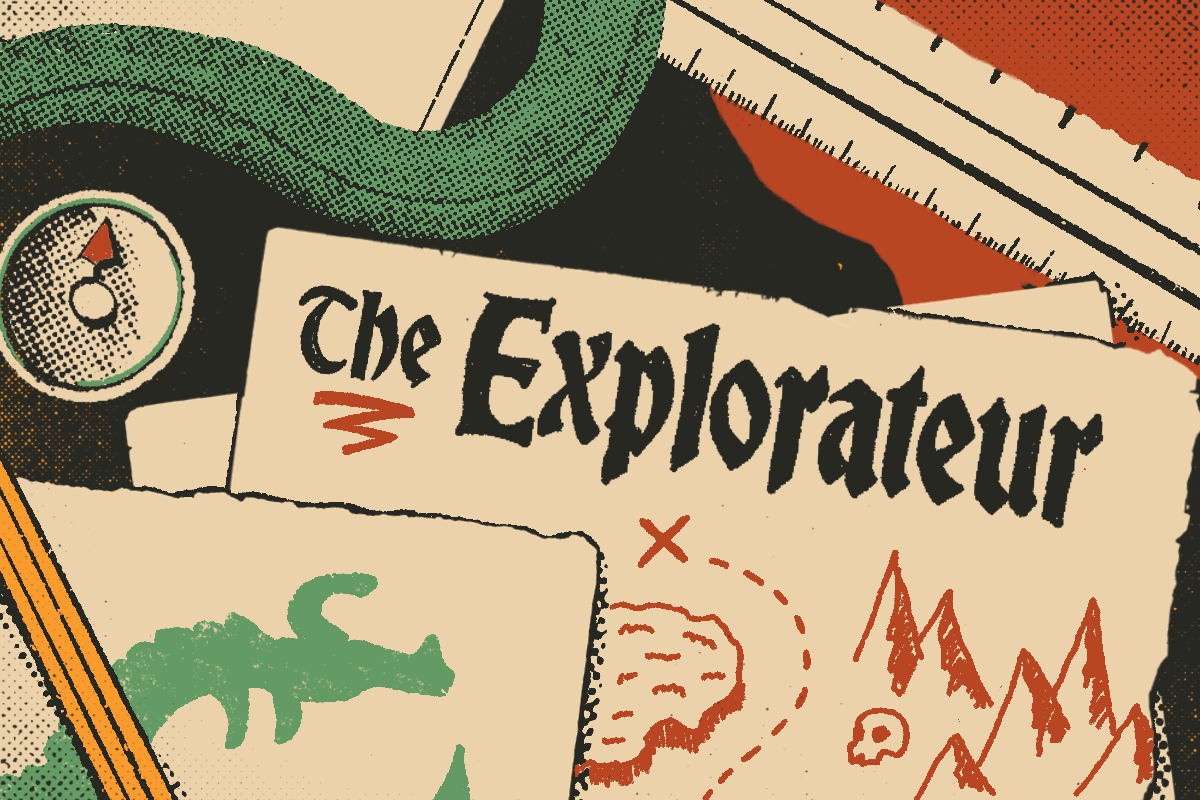 Maps, pencils, compasses, and tools on a black table representing adventure and discovery.