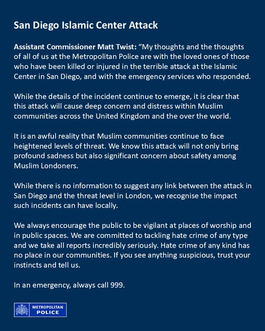 Assistant Commissioner Matt Twist's statement following the attack at the San Diego Islamic Center Assistant Commissioner Matt Twist's statement following the attack at the San Diego Islamic Center