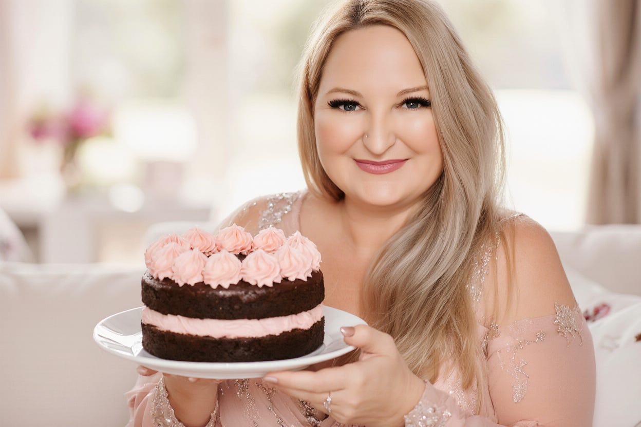 voluptuous curvy  Woman with long blonde hair slight smile on her face, soft lighting, holding a plate with a large fancy cake with pink frosting on it