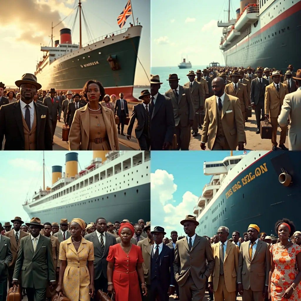 Historical HMT Empire Windrush ship arriving in Britain, 1940s, warm sunlight casting long shadows, clear blue skies, calm waters, reflecting the optimism of the era. Black Jamaican passengers, dressed in authentic attire, bustling on deck: men in suits, fedoras, and trilbies, some holding vintage suitcases, others wearing casual work clothing; women in modest, knee-length dresses, headscarves, and pearl necklaces, exuding hope, curiosity, and pride. The ship's massive structure towers behind, 'Windrush' emblazoned on its side in bold, Art Deco lettering. Inspired by the cinematography of Roger Deakins, influenced by the vibrant colors of Gordon Parks, and the poignant realism of Malick Sidibé, with a touch of classical Hollywood grandeur.