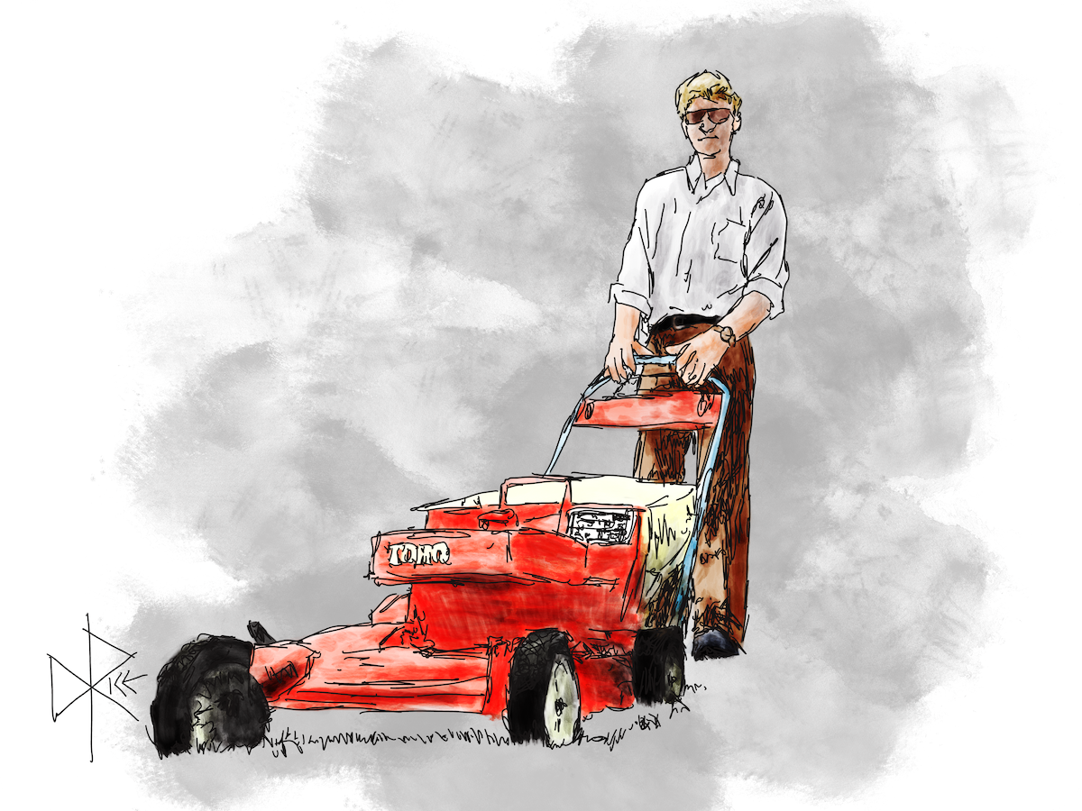 A man pushing a red lawnmower over the grass in a backyard. The morning sun casts long shadows. Sketch art by Don Rice.