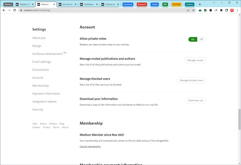 Chrome browser window displaying Medium user profile Account settings.