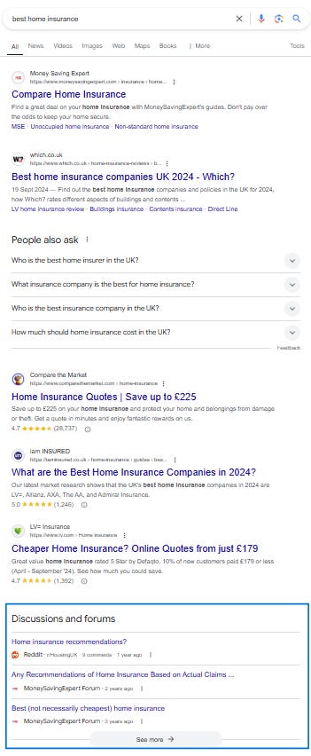Google results for 'best home insurance' with forum results highlighted Google results for 'best home insurance' with forum results highlighted