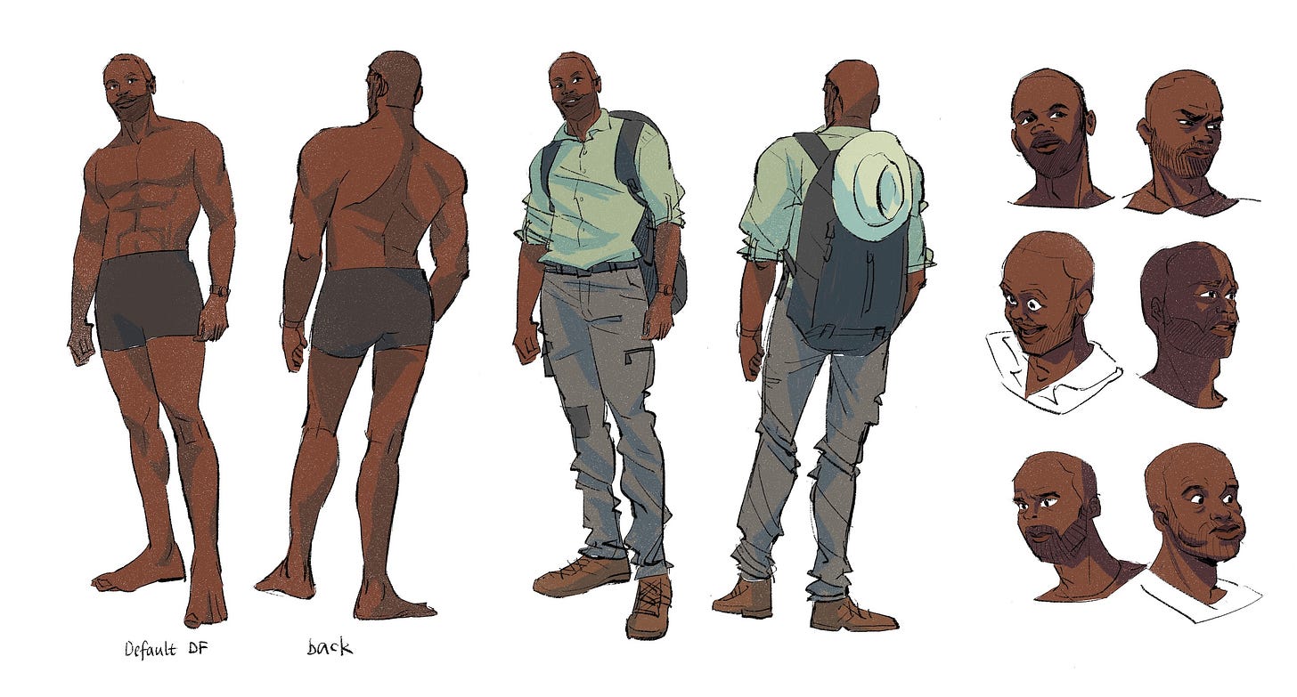 Illustrated character design sheet of Dwayne Fields, featuring front and back poses, casual outfit with backpack, and a variety of expressive facial angles drawn in a clean, stylised art style.