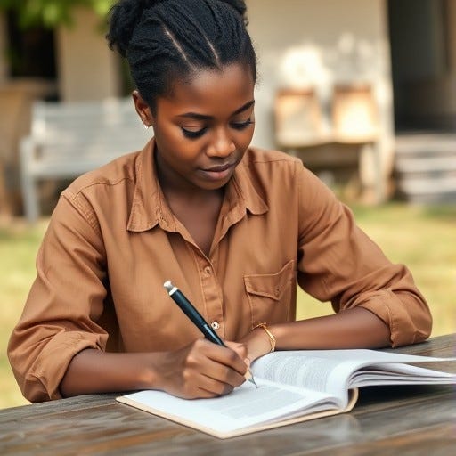 Young, youthful African American Woman wearing ab brown shirt with all black hair writing a letter in the summertime writing a letter on a sheet of paper Young, youthful African American Woman wearing ab brown shirt with all black hair writing a letter in the summertime writing a letter on a sheet of paper