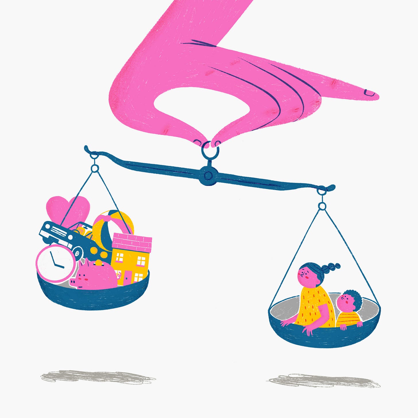 : A giant hand holds a scale, trying to make it balance. Two children sit in the heavy side. In the lighter side is a clock, a piggy bank, a house, a car, and a beach ball. : A giant hand holds a scale, trying to make it balance. Two children sit in the heavy side. In the lighter side is a clock, a piggy bank, a house, a car, and a beach ball.