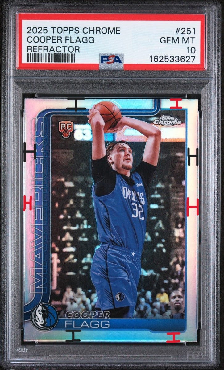Example centering on 2025 Topps Chrome Cooper Flagg #251 PSA 10