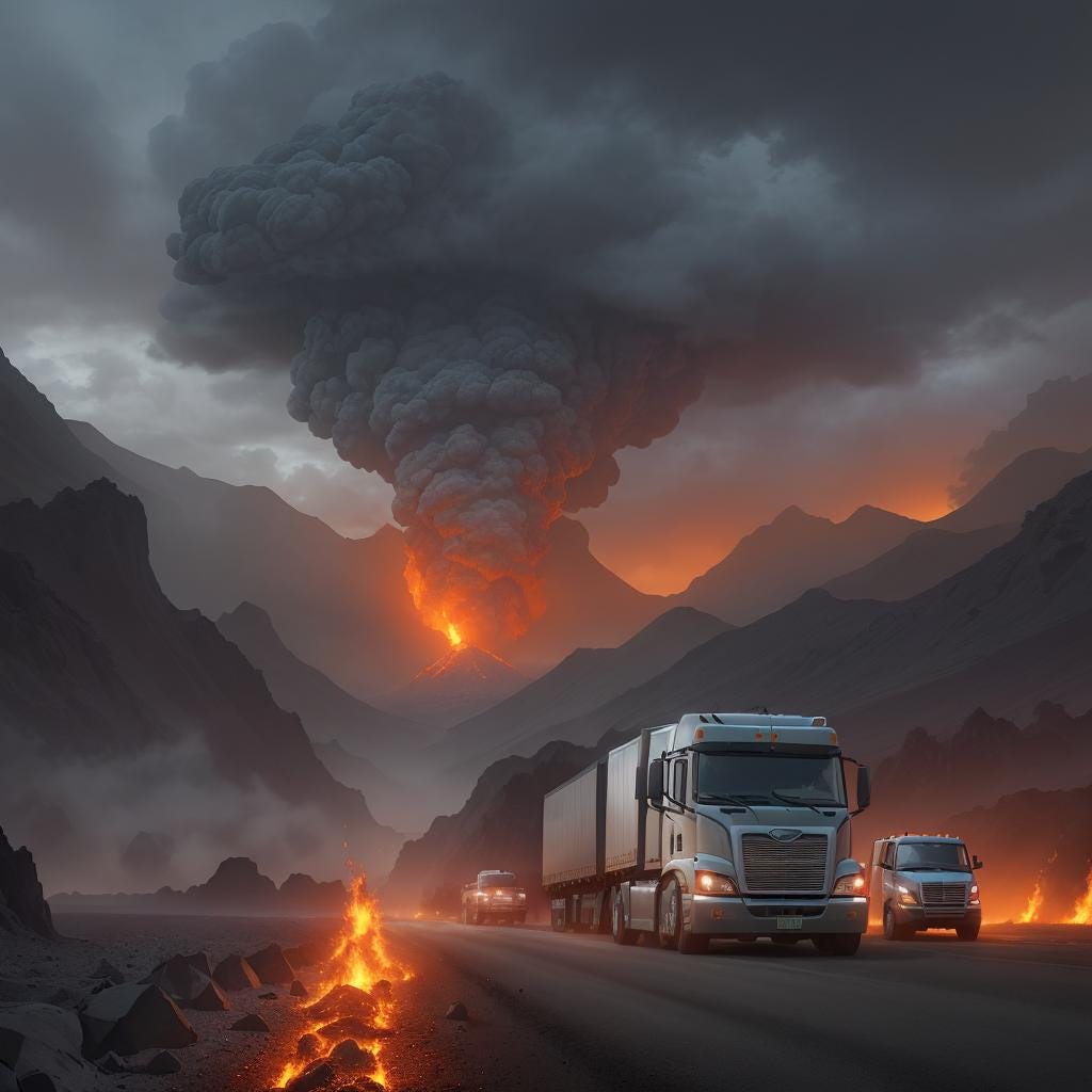 A fleet of semi-trucks driving through volcanic chasms under dark clouds. A fleet of semi-trucks driving through volcanic chasms under dark clouds.