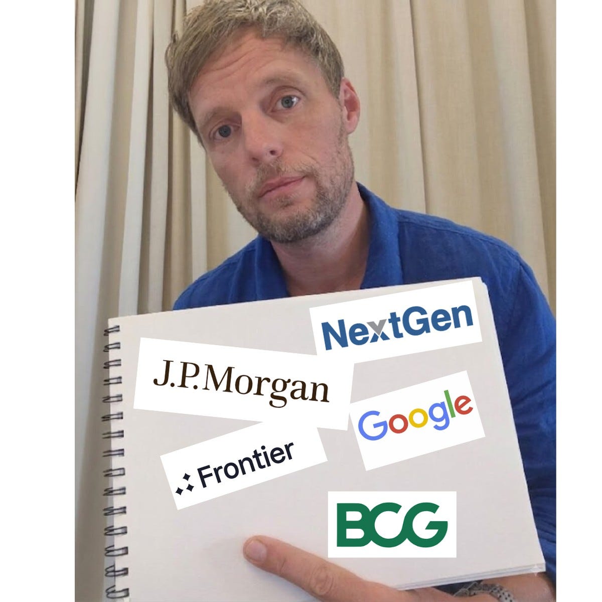 Same man; the notebook page is covered with logos: "NextGen", "J.P.Morgan", "Google", "Frontier", "BCG".