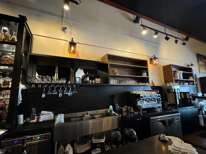 Rabalais' counter and bar, pre- and post-upgrade, plus live band.
