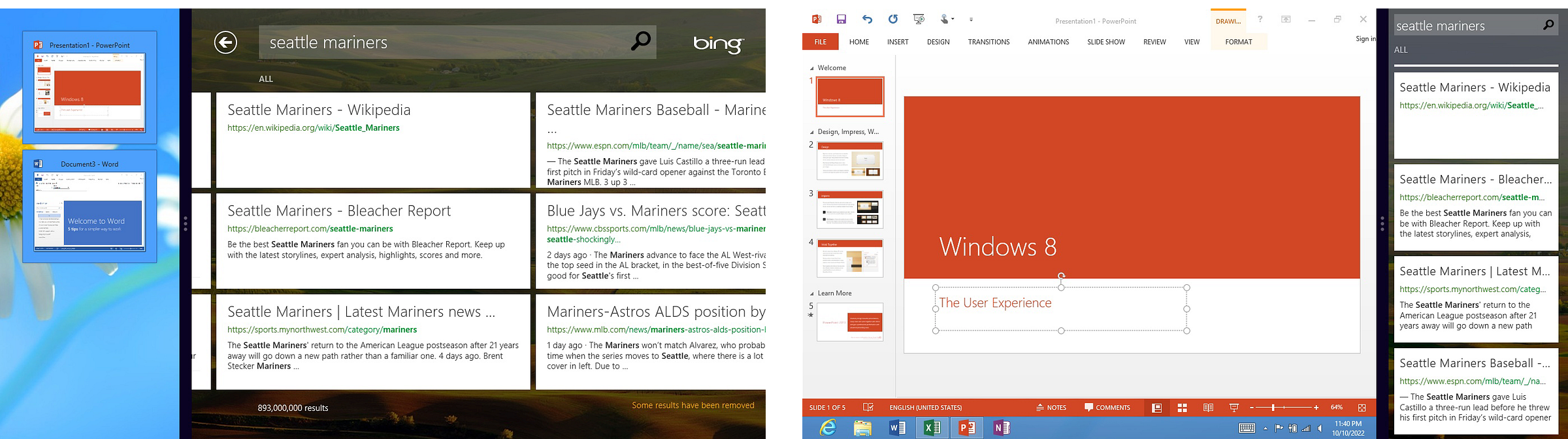 Two views of the snap feature with the desktop. One is the desktop apps are the narrow snapped app so it shows the thumbnails and the large snap is the Bing Search app. The other view is the desktop having the large snap and full powerpoint editing and the taskbar are visible. the bing app is the narrow snap. Two views of the snap feature with the desktop. One is the desktop apps are the narrow snapped app so it shows the thumbnails and the large snap is the Bing Search app. The other view is the desktop having the large snap and full powerpoint editing and the taskbar are visible. the bing app is the narrow snap.