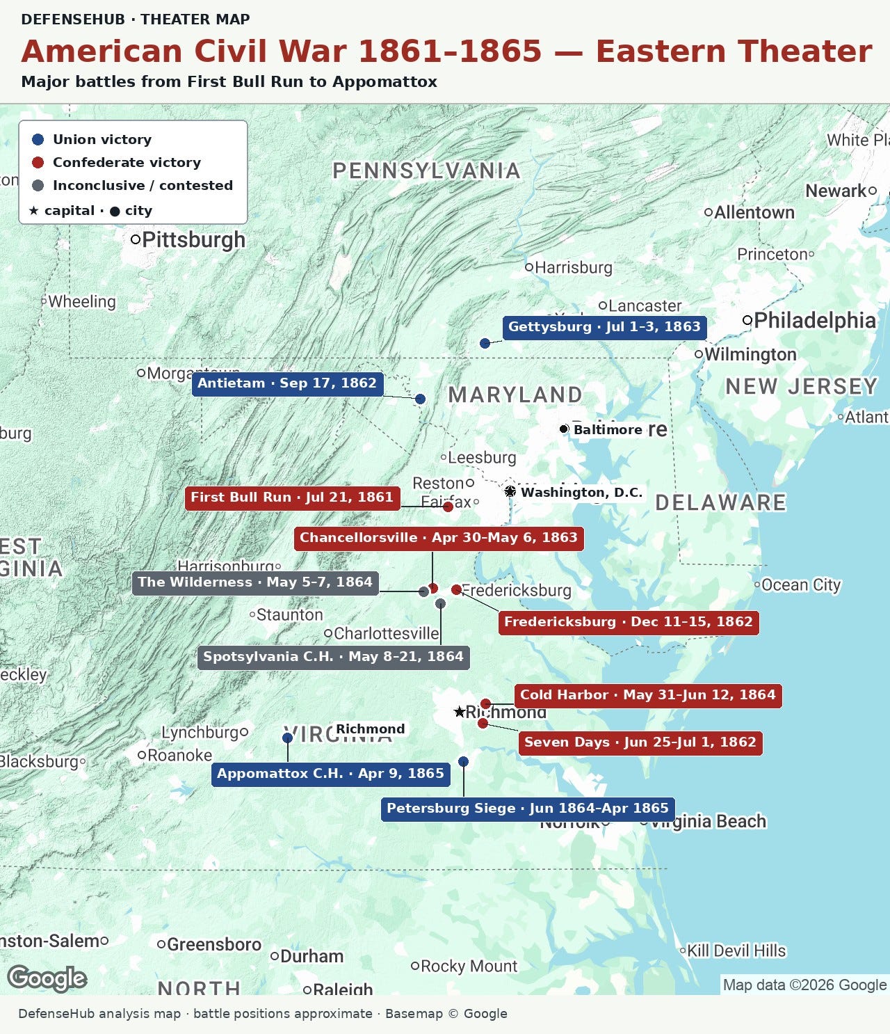 Map of the Eastern Theater of the American Civil War, 1861-1865, with major battles marked