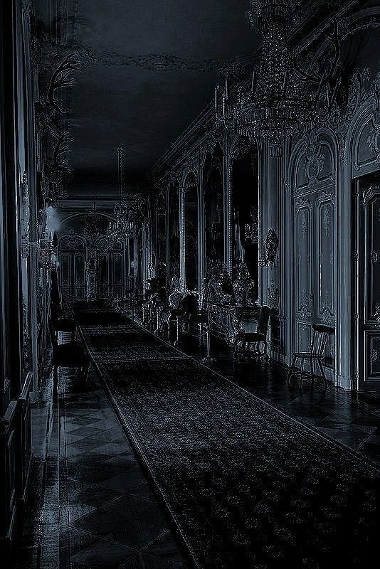 This may contain: an empty hallway with chandeliers and chairs in the dark, black - and - white photo