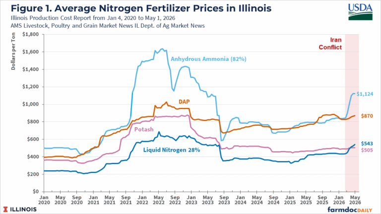 Line chart titled “Average Nitrogen Fertilizer Prices in Illinois,” showing monthly fertilizer prices in dollars per ton from January 2020 through May 2026 for four products: anhydrous ammonia (82%), DAP, potash, and liquid nitrogen 28%. Prices are generally stable in 2020, rise sharply during 2021–2022, decline through 2023–2024, and increase again in 2025–2026. Anhydrous ammonia shows the greatest volatility, peaking above $1,600 per ton in mid-2022 before falling below $700 in late 2023 and rising again to $1,124 by May 2026. DAP rises from about $400 in 2020 to just over $1,000 in 2022, then stabilizes near $700–$900, ending at $870 in May 2026. Potash increases from about $360 to around $860 in 2022, declines to about $450 in 2024, and ends at $505 in May 2026. Liquid nitrogen 28% rises from about $230 to nearly $670 in 2022, declines below $350 in 2024, and ends at $543 in May 2026. A shaded region labeled “Iran Conflict” highlights early 2026, corresponding with a sharp increase in nitrogen fertilizer prices. Source labels indicate USDA AMS Livestock, Poultry and Grain Market News and the Illinois Production Cost Report.