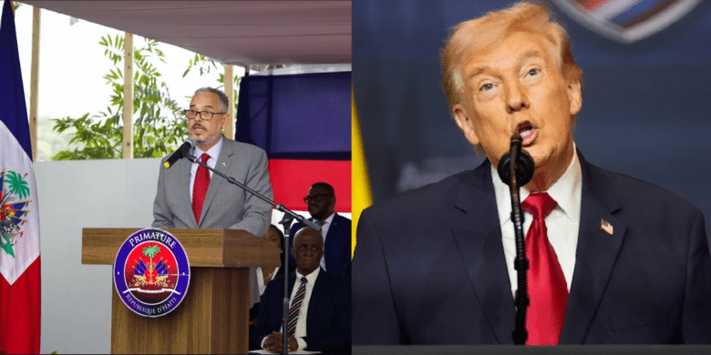 L-R: Haitian Prime Minister Alix Didier Fils-Aimé speaks during the installation ceremony of his 18-member cabinet at Villa d’Accueil, Port-au-Prince, on Tuesday, March 3, 2026. Photo by Dieugo André for The Haitian Times. | Donald Trump. Credit photo: Associated Press