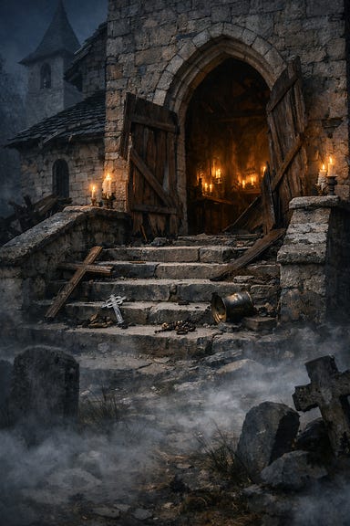 Exterior of St. Andral's Church in Vallaki after undead attack, broken doors, scattered holy symbols, cracked stone steps, mist curling around gravestones, faint candlelight from within, atmosphere of ruin and reverence