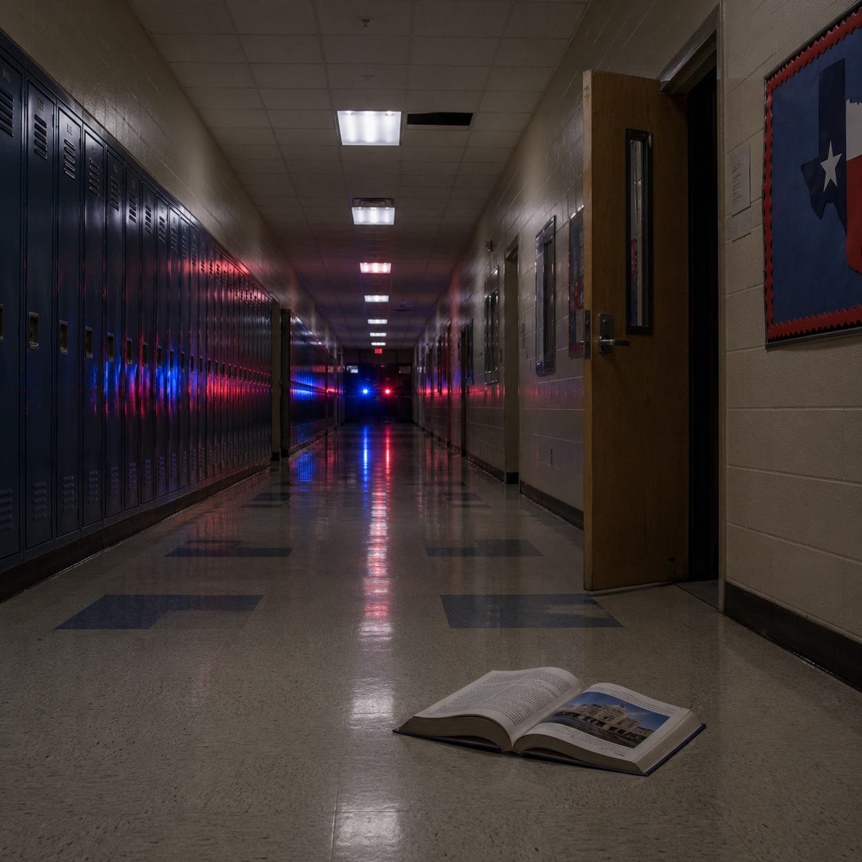 An empty Texas public-school hallway after hours, with lockers, flickering fluorescent lights, a half-open classroom door, an open civics textbook on the floor, and distant red-and-blue emergency light reflections casting across the polished floor. An empty Texas public-school hallway after hours, with lockers, flickering fluorescent lights, a half-open classroom door, an open civics textbook on the floor, and distant red-and-blue emergency light reflections casting across the polished floor.