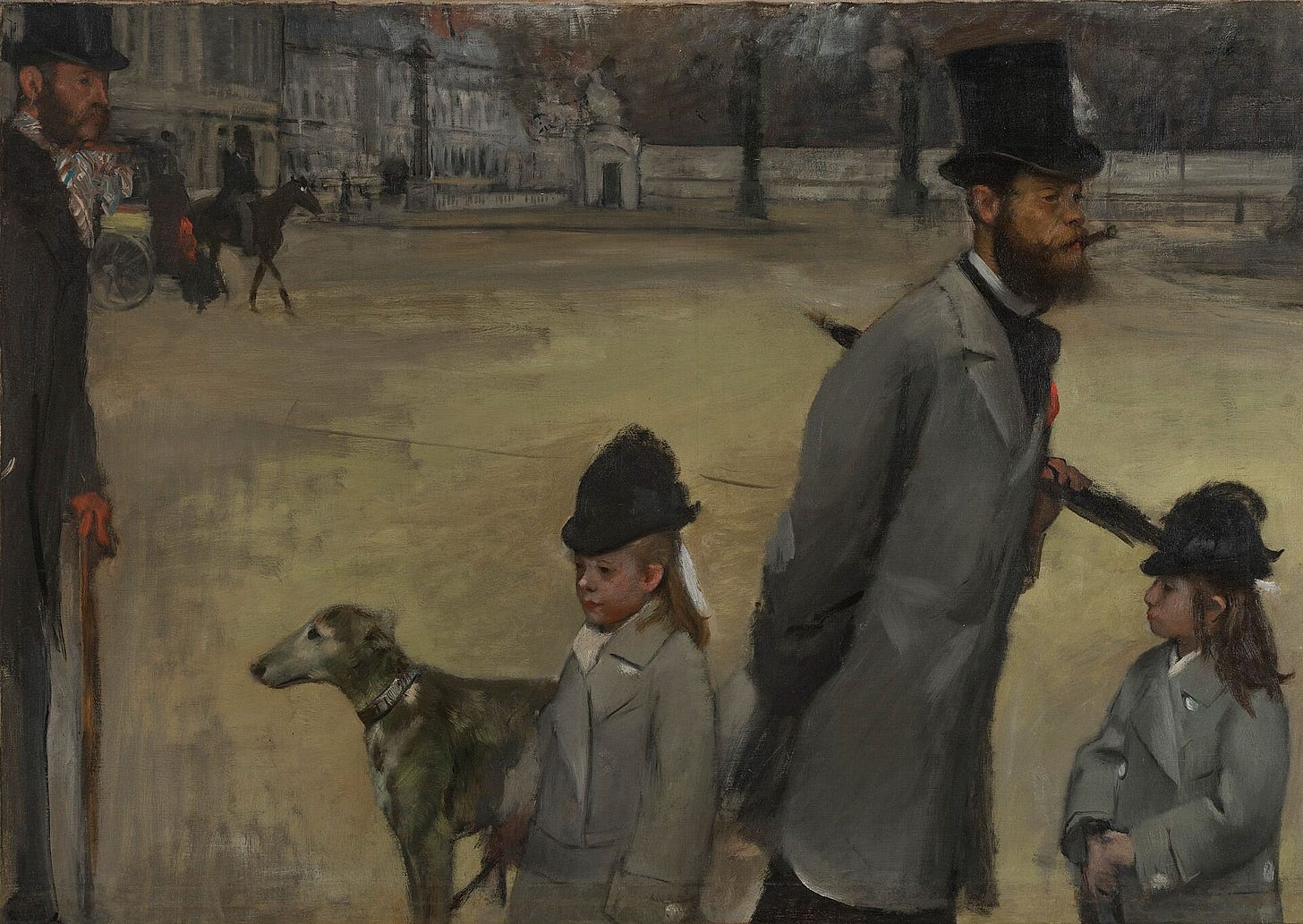 A man in a top hat with a cigar and an umbrella under his arm crosses a wide, empty Paris square with two small girls and a dog, all walking in different directions, while a man on the far left is cut by the edge of the canvas.