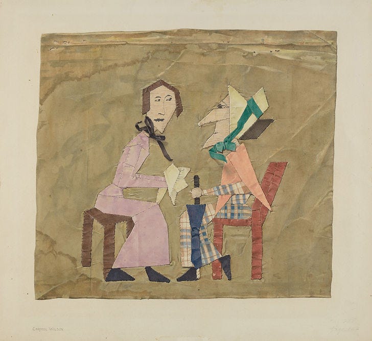 Carmel Wilson, Patchwork Picture: "Gossips", c. 1938, watercolor and graphite on paper, approx. 14 x 15 inches. Index of American Design, National Gallery of Art
