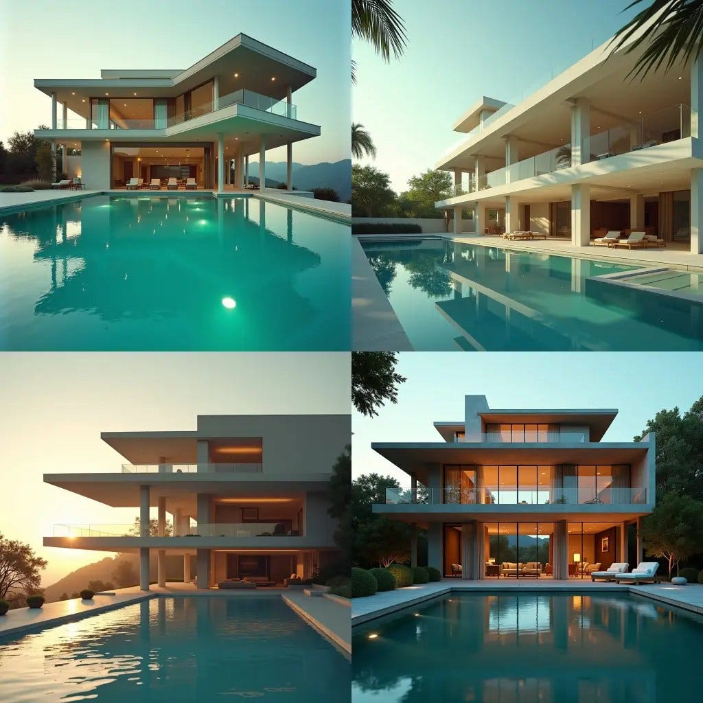 Majestic 6-story modern house with a dramatic Parapet gable roof, elevated on slender columns, with a sparkling swimming pool shimmering beneath the structure, as if floating on water.