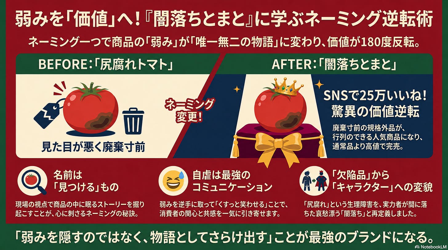 闇落ちとまとに学ぶネーミング逆転術のまとめ図。廃棄寸前の尻腐れトマトがネーミング変更でSNS25万いいねの人気商品になったビフォーアフターと3つの学び 闇落ちとまとに学ぶネーミング逆転術のまとめ図。廃棄寸前の尻腐れトマトがネーミング変更でSNS25万いいねの人気商品になったビフォーアフターと3つの学び