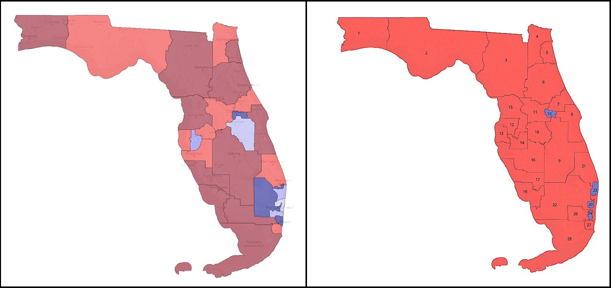 Comparison of current (adopted 2022) and proposed Florida congressional district maps. The current map (left) is in four colors, with light or dark shades of red and blue to indicate the degree of partisan lean. The proposed map (right) has only red or blue with no gradations. 