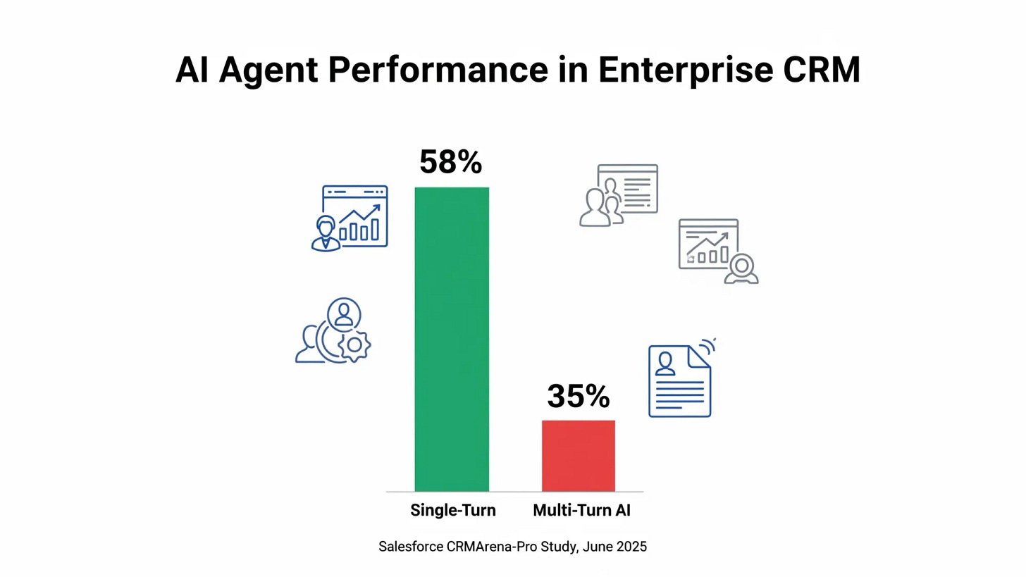 AI agents achieve 58% success in single-turn CRM tasks but drop to 35% in multi-turn interactions per Salesforce study.