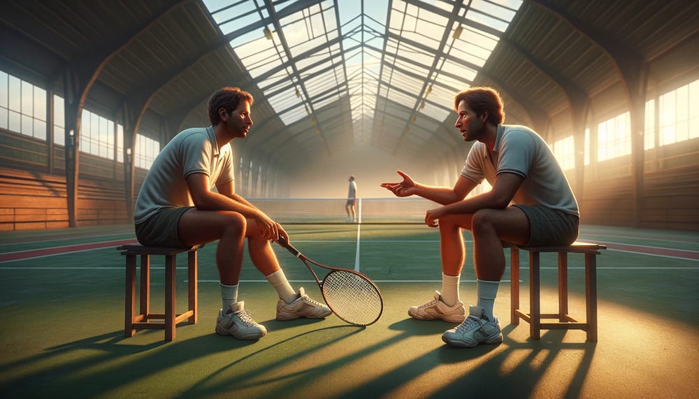 Dois tenistas conversando sobre o tênis e a vida