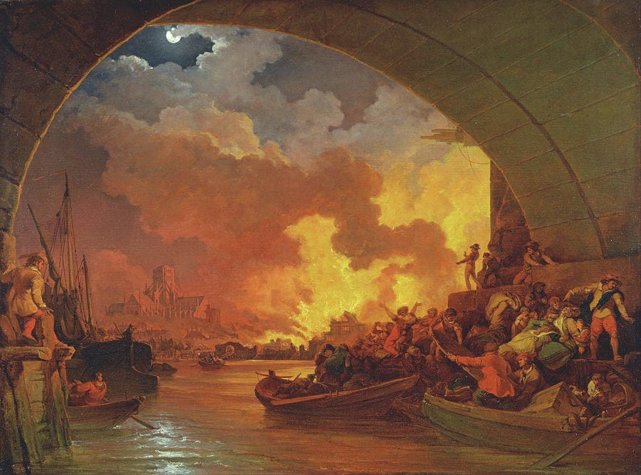 men in boats staring at a city burning in the distance