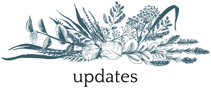 spray of blue gray flowers with the word 'updates'