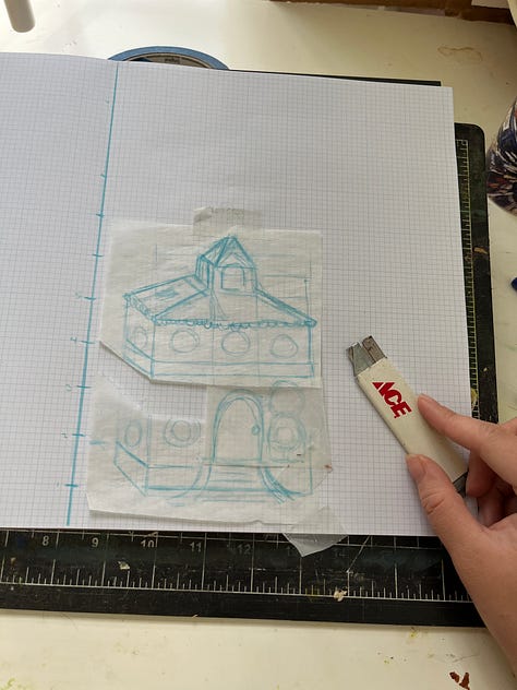 three images of a drawing of a building, cut and reassembled