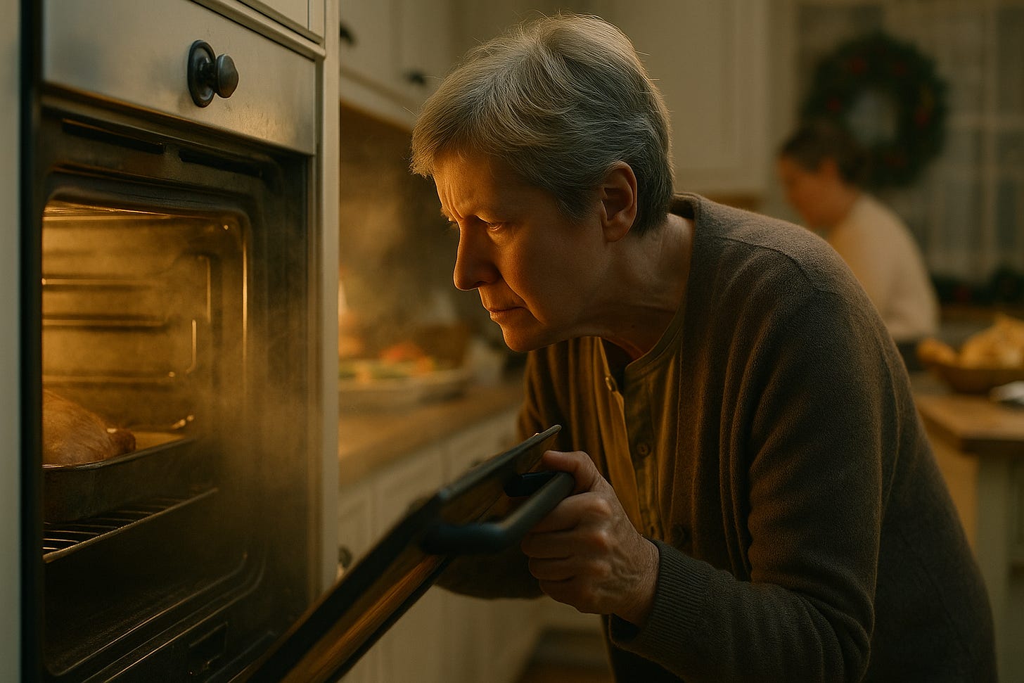 16:9 photorealistic Thanksgiving kitchen scene. A cautious older relative (60s, gender-neutral) gently opening the oven door and peeking in with skeptical focus. Steam and warm light from the oven. Subtle holiday details in the background. Clean, documentary-style lighting. No text. 16:9 photorealistic Thanksgiving kitchen scene. A cautious older relative (60s, gender-neutral) gently opening the oven door and peeking in with skeptical focus. Steam and warm light from the oven. Subtle holiday details in the background. Clean, documentary-style lighting. No text.